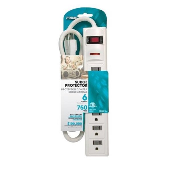Prime Prime PB802124 6 Outlet White 750J Surge Protector with 3 ft. Cord PB802124
